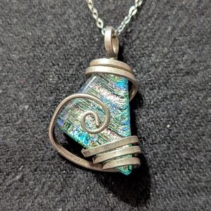 Handcrafted Sterling Silver Blue Green Pink Iridescent Dichroic Glass Pendant